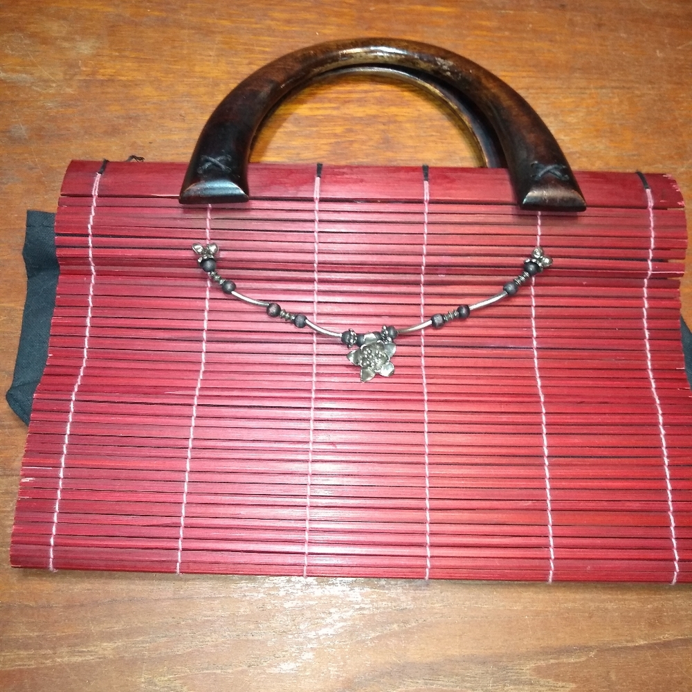 Asian Inspired Burgundy Bamboo-Look Handbag, 2 Lucite Handles, Snap Clos…